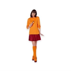 Women's 6-PC Velma Scooby Doo Costume: Sweater, Skirt, Socks, Wig, Glasses, Sz M